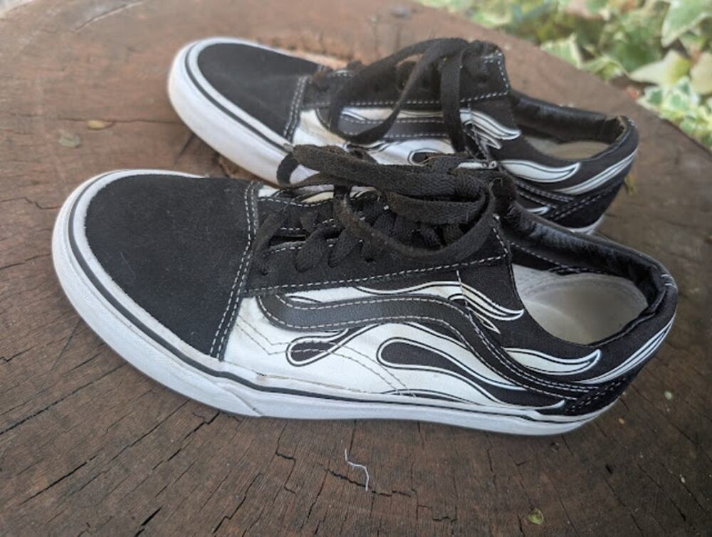 VANS Old Skool Black White flames suede sneakers Mens 5/ 6.5 womens skatelife